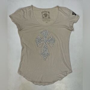 Velvet Stone Gem Cross Rhinestones T-shirt Women XS Short Sleeve Y2K